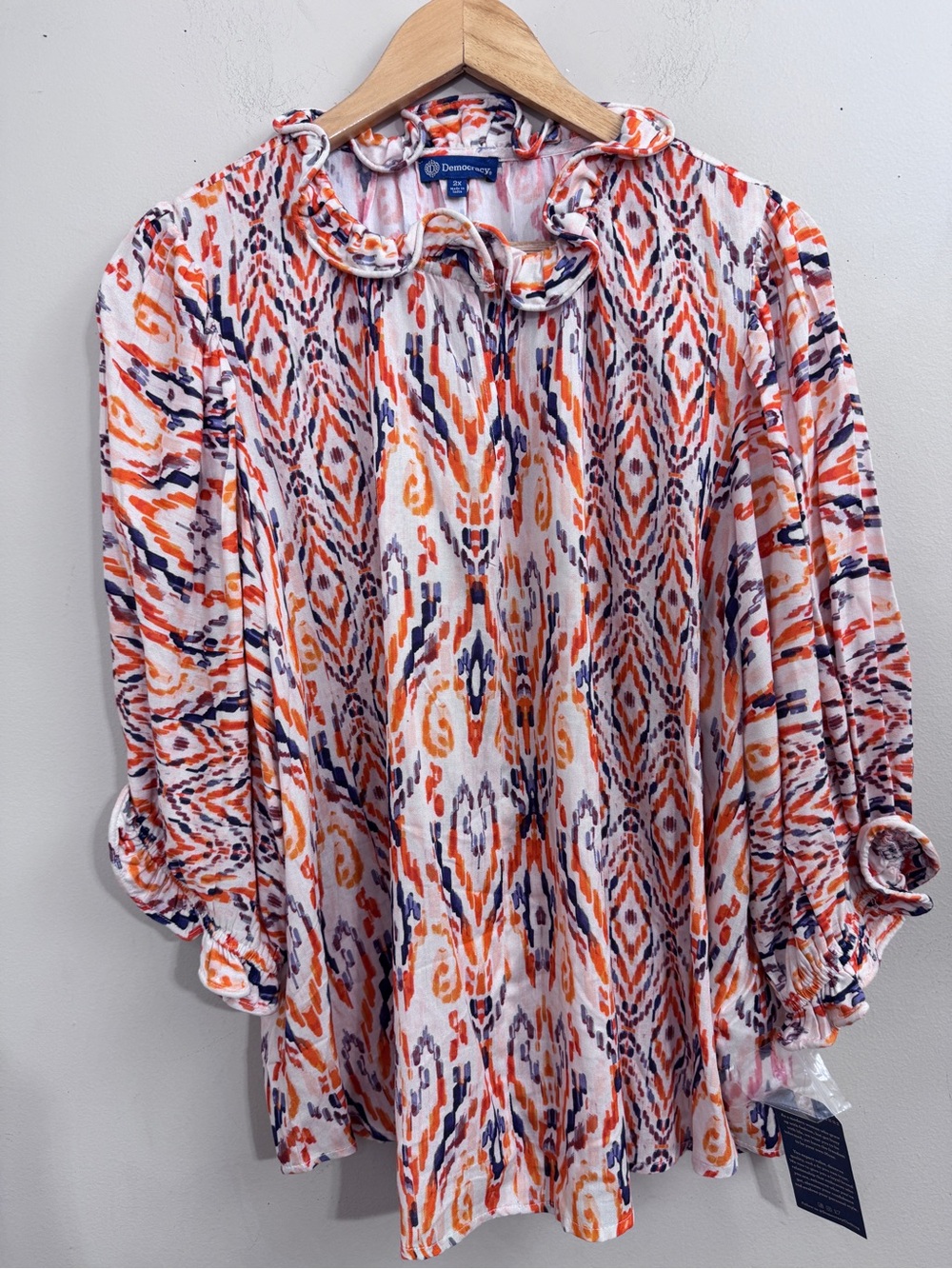 NWT Democracy Ikat Blouse Ruffle Neck Orange Navy 3/4 Sleeve size 2X Artsy Boho